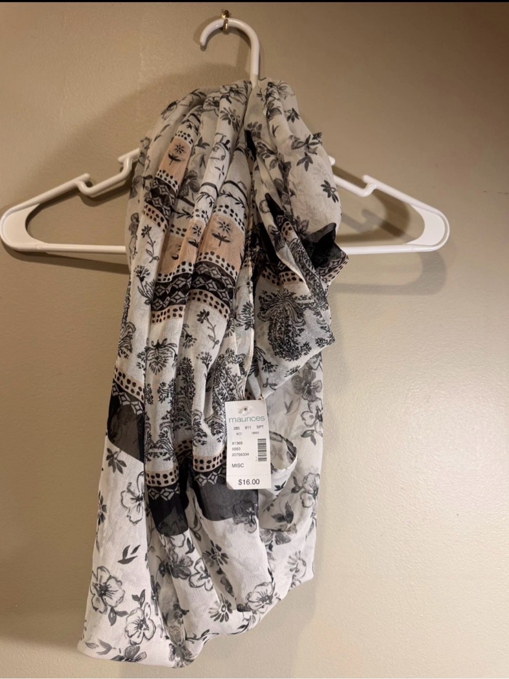 maurices Black, Cream & Tan Floral Lightweight Scarf